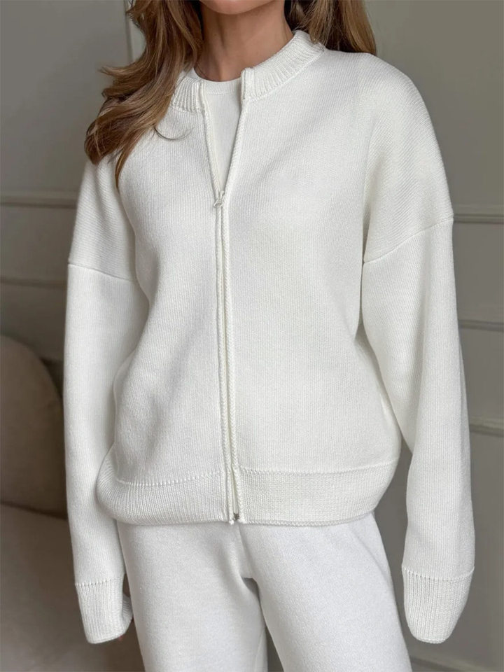 Bộ áo cardigan dệt kim khóa kéo dài tay phối quần ống rộng cho nữ — Màu nâu, Màu trắng, Màu xanh dương chi tiết 15