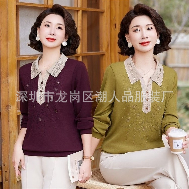 中老年女装春秋新款气质翻领长袖打底衫妈妈装尚洋气烫钻翻领小衫