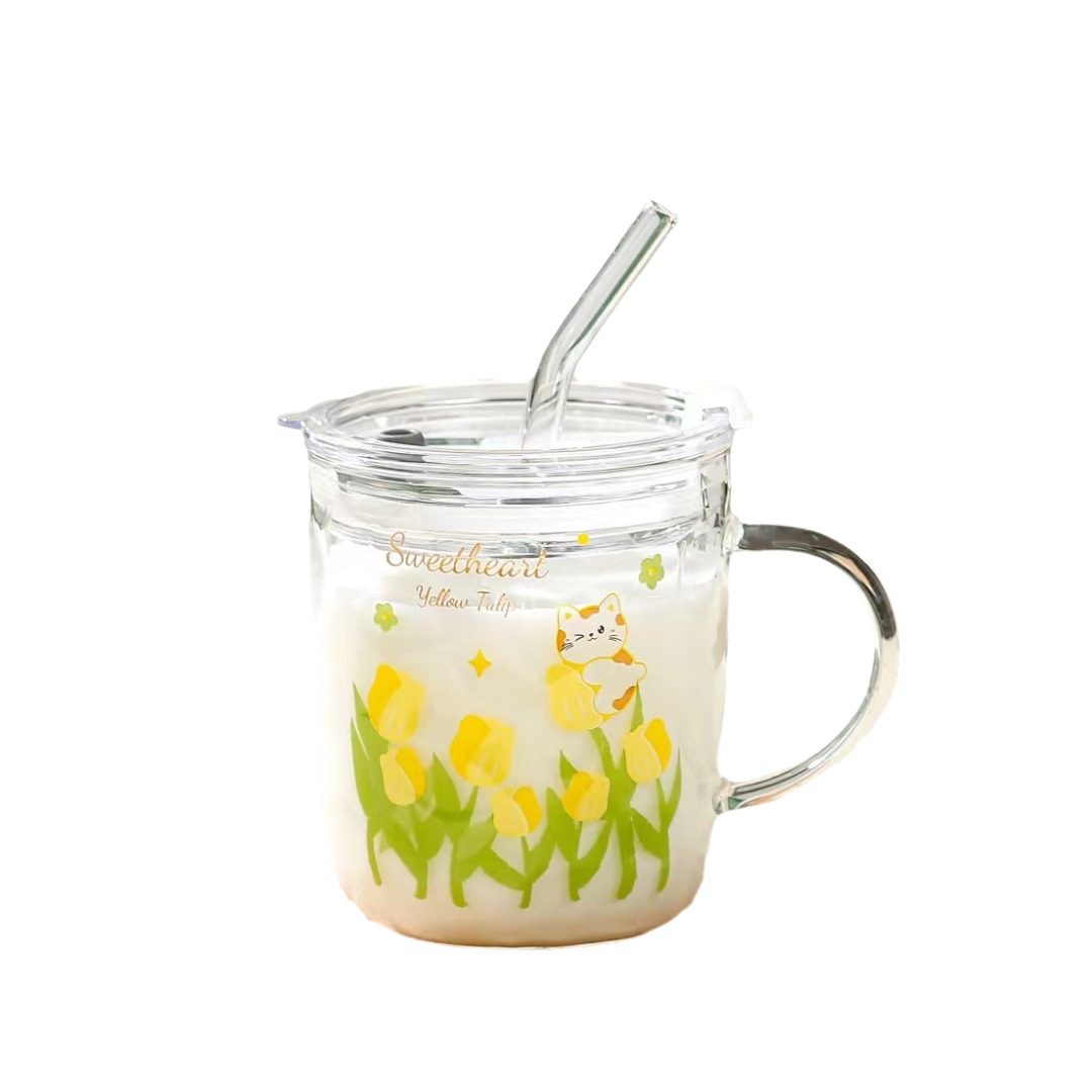 Creativo de alto aspecto tulipán flor paja taza chica desayuno taza hogar vidrio taza de agua con mano regalo taza