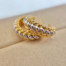ins风18k金编织耳钉双色耳环AU750缠绕耳扣女麻花耳钉简约耳饰新