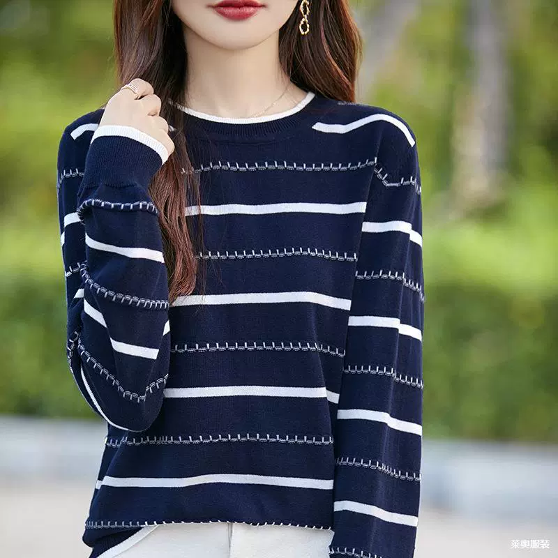 Весенний и осенний новый хлопчатобумажный свитер с длинными рукавами нижняя рубашка с круглым вырезом в полоску
