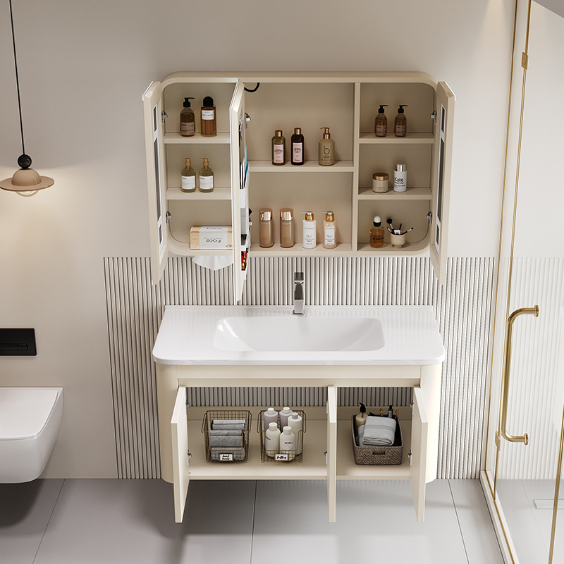 gabinete de baño de panal de aluminio espacial de pared combinado en una bañera de cerámica lavabo de mano lavado de cara gabinete de espejo inteligente