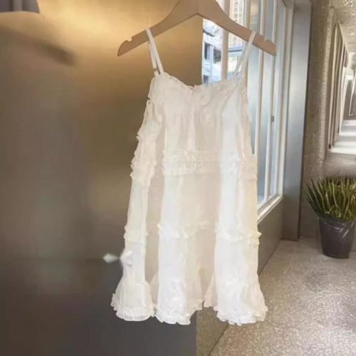 2024 Summer White Girls' Tank Top Dress Korean Style Baby Girl Skirt with Mushroom Edge Stylish Lightweight Children's Dress