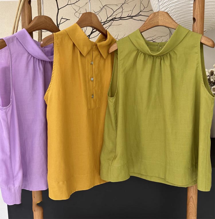 Áo hai dây vải lanh nữ buộc cổ, mặc hai mặt trước sau, không tay, phong cách cổ điển tôn dáng — Màu be, Màu đen, Màu xanh lá, Màu vàng chi tiết 4