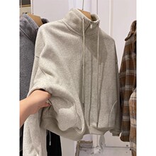美式复古半拉链立领卫衣女秋冬加绒加厚宽松感超好看短款外套