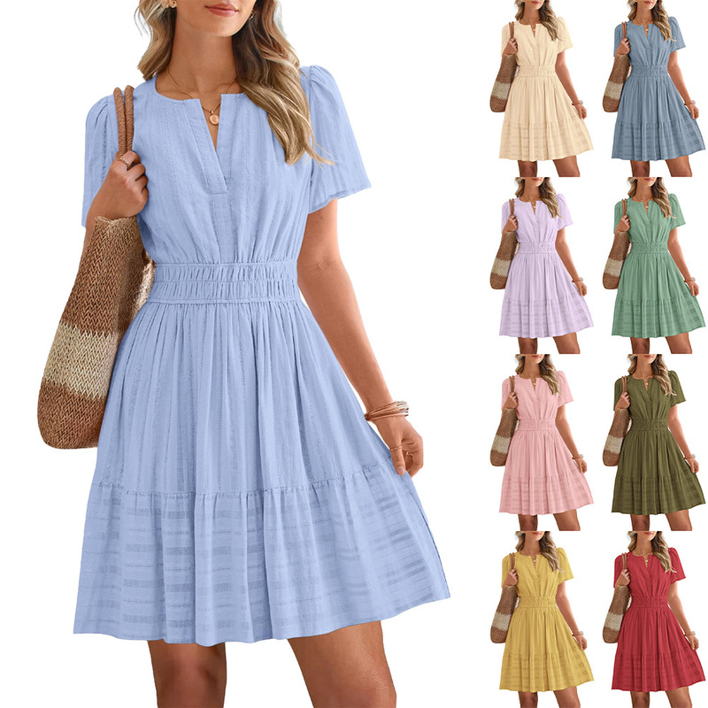 2026 European and American Cross-Border Women's Fashion Amazon New Style Fashionable V-Neck Pleated Puff Sleeve Flared Short-Sleeve Dress 2026 European and American Cross-Border Women's Fashion Amazon New Style Fashionable V-Neck Pleated Puff Sleeve Flared Short-Sleeve Dress