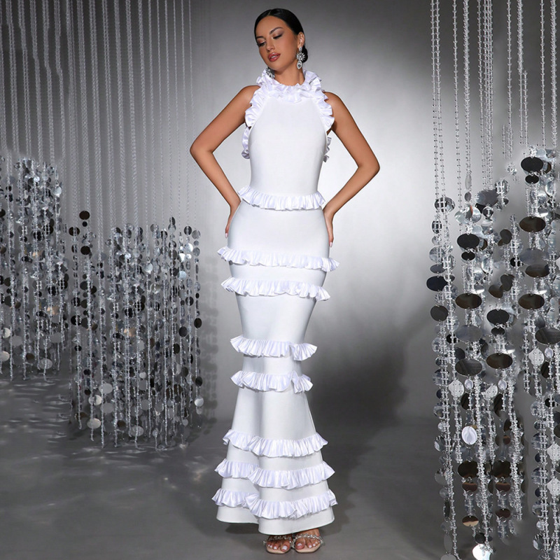 White Elegant Sexy Slim Backless Layered Ruffles Bandage Long Dress Women's Evening Dress Party Dress