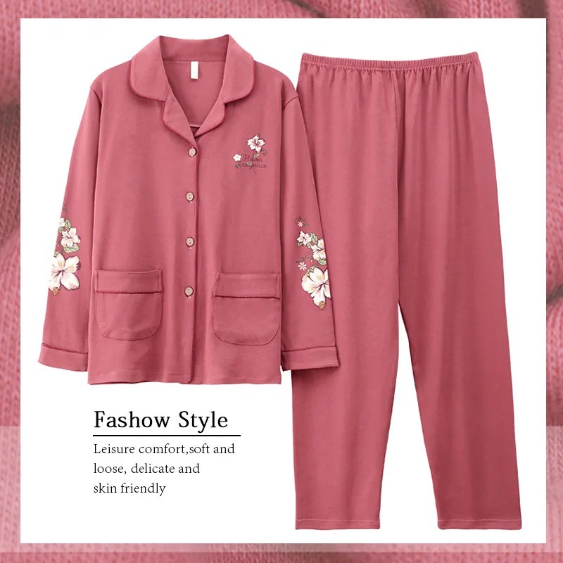 Mamá Pijamas Mujer primavera y otoño 100% algodón más tamaño pantalones de manga larga de mediana edad y ancianos otoño traje de desgaste para el hogar al aire libre