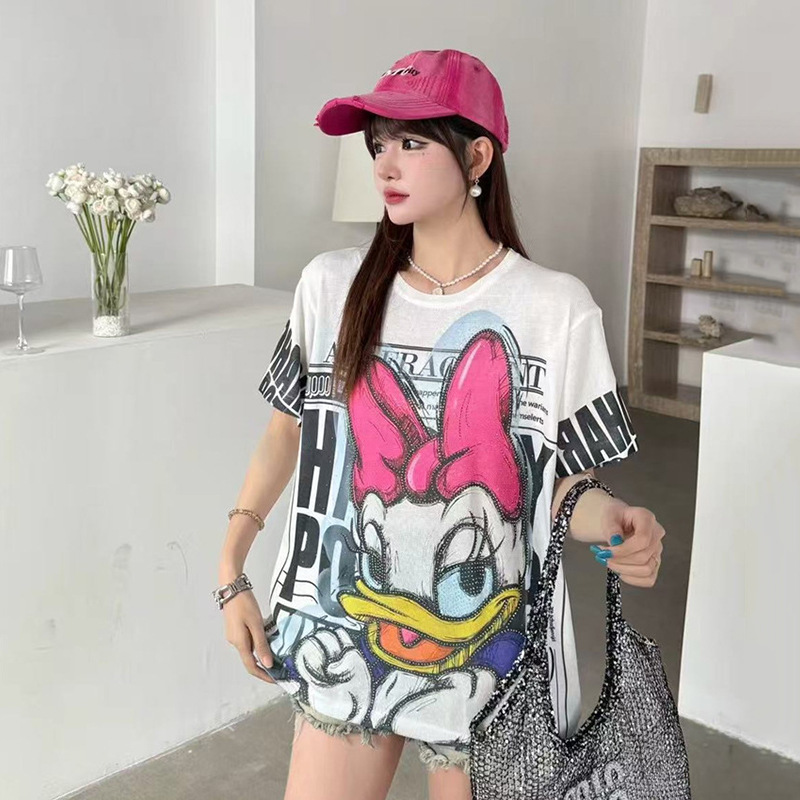 Summer Cartoon Print Large Size Diamond-Encrusted Cut Out Knitwear for Women Loose Slimming Look Versatile Casual Short-Sleeved Top T-Shirt