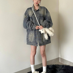 美式复古水洗做旧磨破牛仔外套女春秋新款潮牌宽松休闲夹克上衣