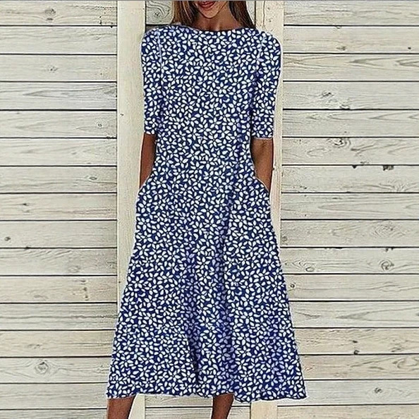 Foreign Trade Cross-Border Women's Printed Dress, Summer Round Neck Mid-Waist Casual Comfortable Dress for Amazon Independent Website Women's Fashion Foreign Trade Cross-Border Women's Printed Dress, Summer Round Neck Mid-Waist Casual Comfortable Dress for Amazon Independent Website Women's Fashion