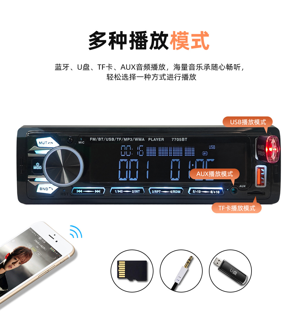Universal Car Multimedia Car Radio Mp3 Player Bluetooth Voice Hands-Free Control Player 7705