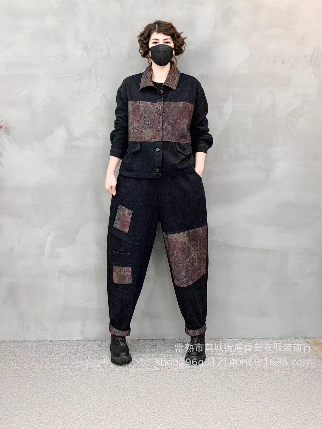 Traje casual de moda vaquero 2025 nuevo abrigo de solapa de empalme suelto de gran tamaño, conjunto de dos piezas de Harlem pants