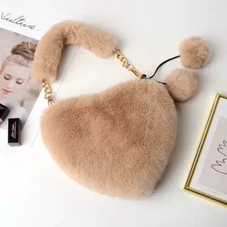 Trendy Fashion Plush Heart-Shaped Bag for Women, Handbag, Crossbody Clutch, Peach Heart, Furry Children's Coin Purse