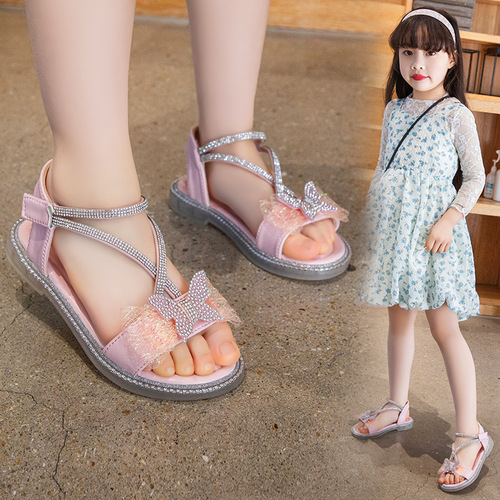 儿童凉鞋女童鞋夏季2023新款时尚露趾蝴蝶结中大童女孩公主沙滩鞋