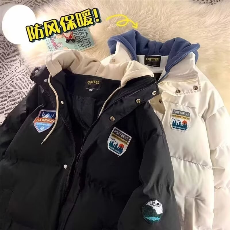 가짜 2 피스 코튼 패딩 코트 남자 겨울 두꺼운 후드 다운 재킷 코트 느슨한 유행 커플의 코튼 패딩 코트 빵 세트