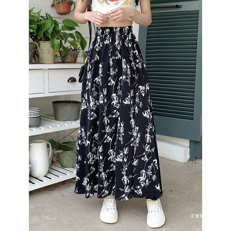 Chiffon Long Skirt for Women, Summer 2026 New Style, Hip-Covering, Flowing, Large Hem Umbrella Skirt, High-Waisted Floral A-Line Skirt