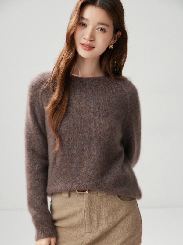 Kangbaolai Fancy Yarn! 25% mulberry silk 75% cashmere women's sweater with round neck and raglan sleeves, loose-fitting knitwear
