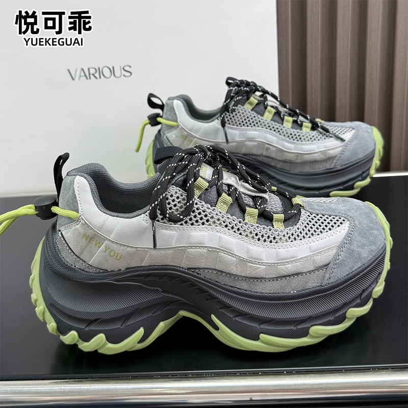 Genuine leather platform thick-soled super popular height-increasing dad shoes for women, 2026 autumn new women's shoes, breathable mesh casual sports shoes