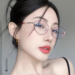 金丝珍珠潮猫眼平光镜 复古韩版椭圆防蓝光眼镜素颜神器Y2K眼镜框