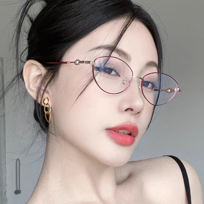 金丝珍珠潮猫眼平光镜 复古韩版椭圆防蓝光眼镜素颜神器Y2K眼镜框|undefined