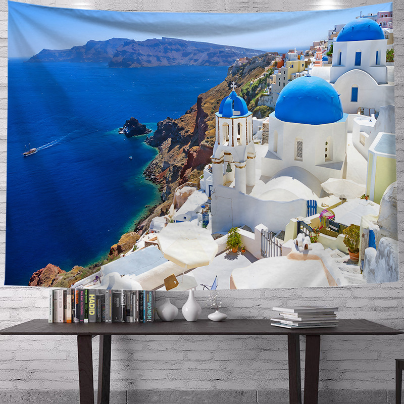 Transfronterizo griego fresco paisaje impresión decorativa de tela de renovación de la sala de tela de fondo vivo fábrica de tela al por mayor