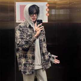 美式复古做旧扎染格子衬衫男长袖ins百搭宽松休闲情侣衬衣