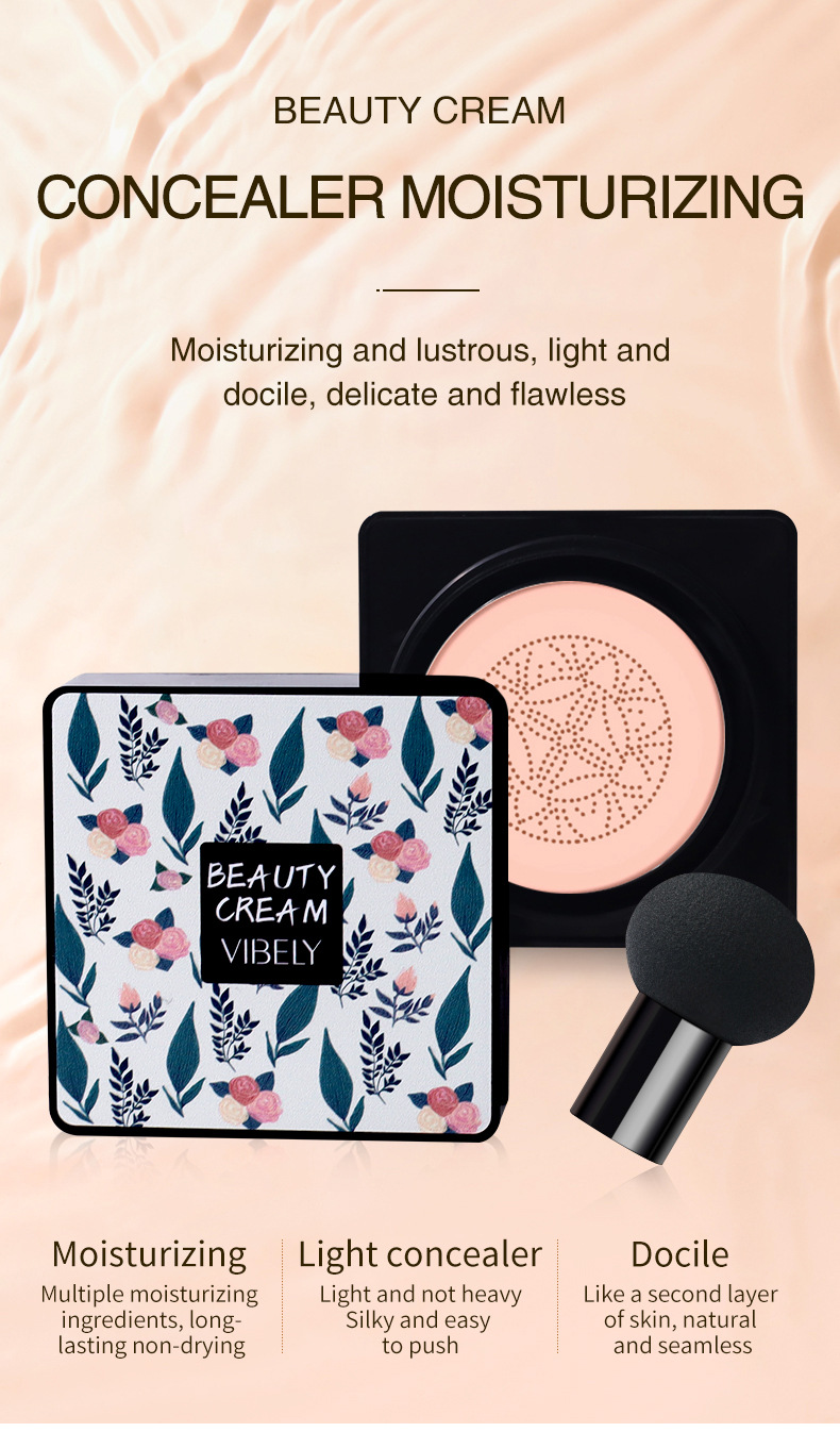 VIBELY Mushroom Head Cushion cc Cream is a light, brightening, non-smudging, concealing, dark circles and acne marks natural foundation undefined