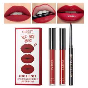 Qibest Cross-Border Non-Stick Cup Non-Fading Lip Glaze Matte Matte Moisturizing Lip Liner Set Three-In-One Makeup