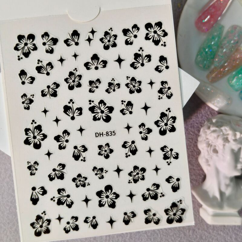 Retro Black Hibiscus Flower Nail Stickers Waterproof Adhesive Foil Hibiscus Petals Adhesive Nail Stickers Dh835