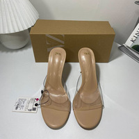 New round toe high-heeled women's shoes with PVC flat strap, shallow mouth transparent heel, exposed heel, fashionable sandals for women