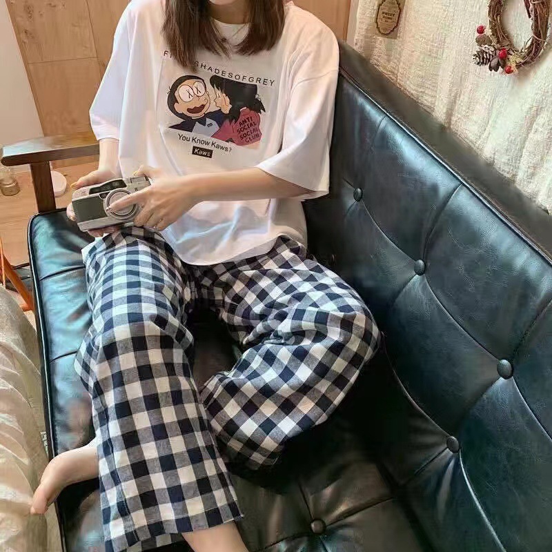 Pijamas para mujer, conjunto de verano de manga corta y pantalón largo para estar en casa, novedad 2025, primavera y otoño, estilo dibujos animados, estilo estudiantil, corte holgado.