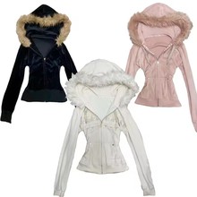 外贸复古欧美街头风设计感朋克修身拉链毛绒帽檐连帽卫衣外套女