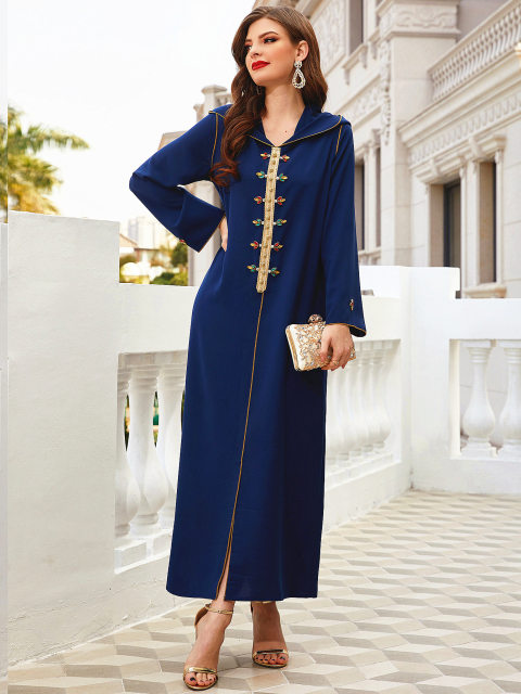 BA305 navy blue gold edge hand-sewn drilled hooded robe ABAYA Muslim Middle East Southeast Asia women's clothing