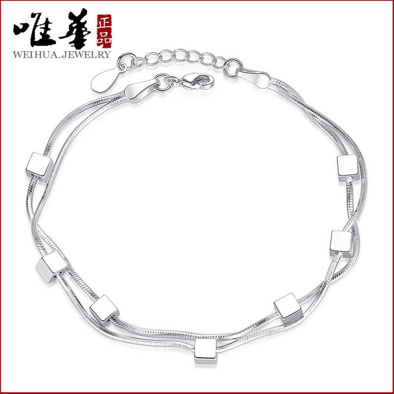 Fashion love window cube silver bracelet female Korean sweet double snake bone chain five-pointed star bracelet jewelry