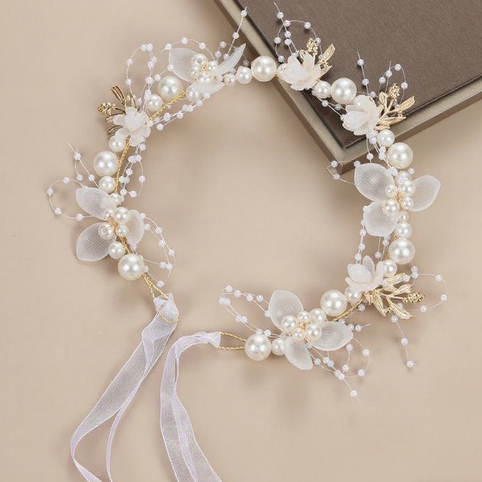 Diadema con corona de flores rosas estilo bosque, corona floral con perlas, corona nupcial, hermosa hecha a mano al estilo europeo. image 7