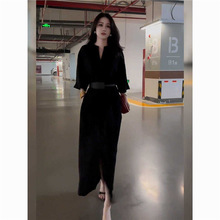 大码秋季百搭长裙风连衣裙御姐收腰mm时尚赫本新款女装黑色胖气质