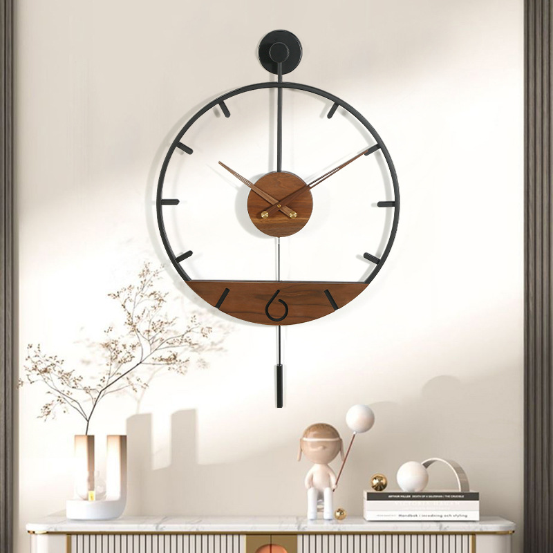 Internet celebrity Nordic minimalist walnut decorative clock living room modern background wall clock light luxury art solid wood clock