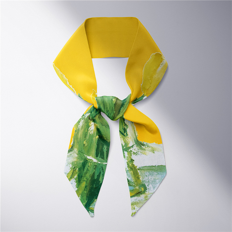 Verano larga pequeña bufanda de seda femenina Van Gogh campo de trigo cielo estrellado pintura al óleo delgada estrecha larga pequeña bufanda de seda corbata de pelo decoración femenina