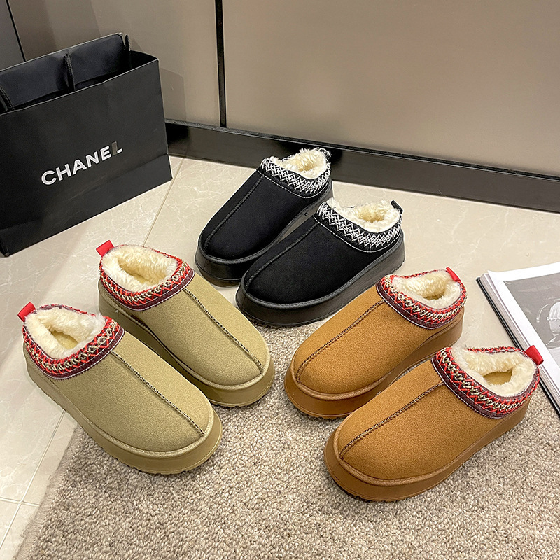 Ethnic Style Closed-Toe Half Slippers for Women, 2025 Winter New Model, Fleece-Lined Slip-On Thick-Soled Height-Increasing Large Size Snow Boots