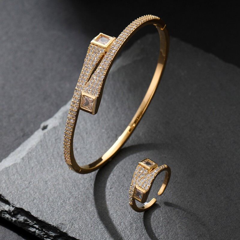 European and American Export Zircon Bracelet Ring Set Copper Gold-Plated Accessible Luxury High-End Simple Fashion Hand Jewelry Daily Wear