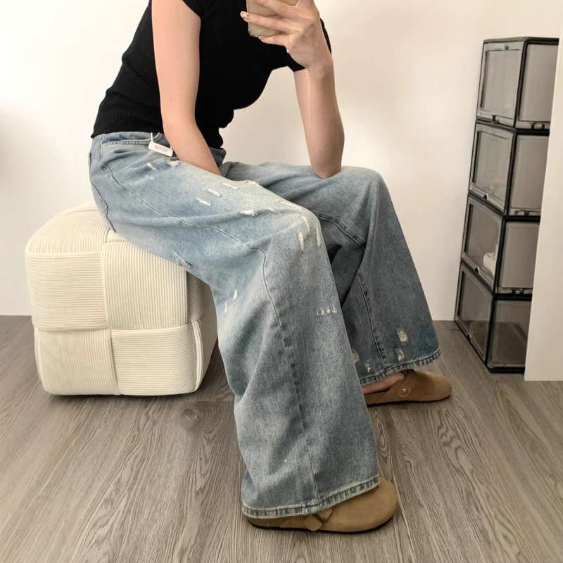 背の高い女性向けのレトロなウォッシュ加工のスクラッチ加工とほつれ加工のジーンズ、ハイウエスト、スリム、ルーズ、ストレート、ワイドレッグ、フロアレングスパンツ|undefined