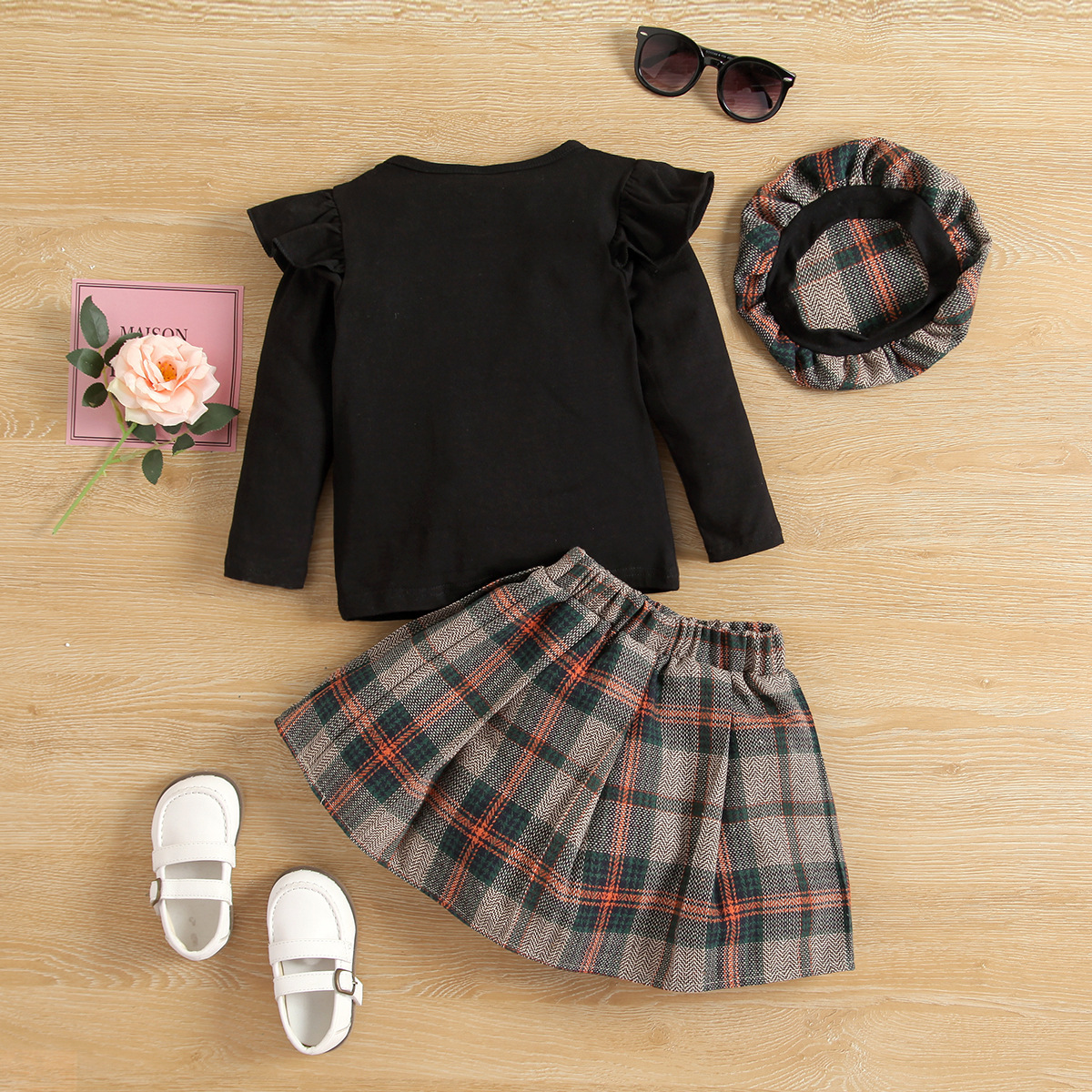 Vestito autunnale da bambina con cappuccio, gonna corta a pieghe a quadri, con cappello, set da 3 pezzi_voghion.com