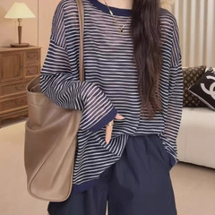 慵懒风蓝色条纹长袖t恤女夏季薄款宽松休闲冰丝防晒罩衫外搭上衣