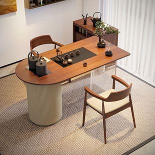 Modern Simple Solid Wood Tea Table and Chair Combination Small Apartment Household Balcony Kung Fu Small Tea Table Walnut Color Tea Table