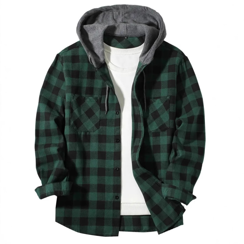 New Large Size Amazon Flannel Plaid Hooded Foreign Trade Hot Product Double Pocket Shirt Men's Casual New Large Size Amazon Flannel Plaid Hooded Foreign Trade Hot Product Double Pocket Shirt Men's Casual