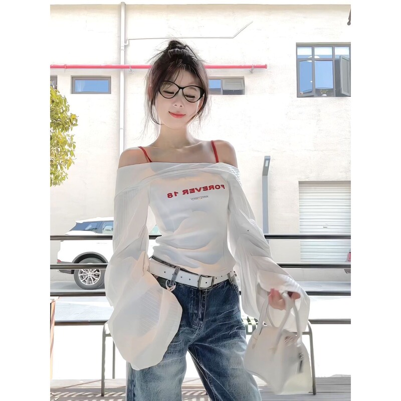 Spice Girl off-shoulder Design Niche Shirt Top High Waist Straight Loose Wide Leg Pants Jeans Two-piece Suit