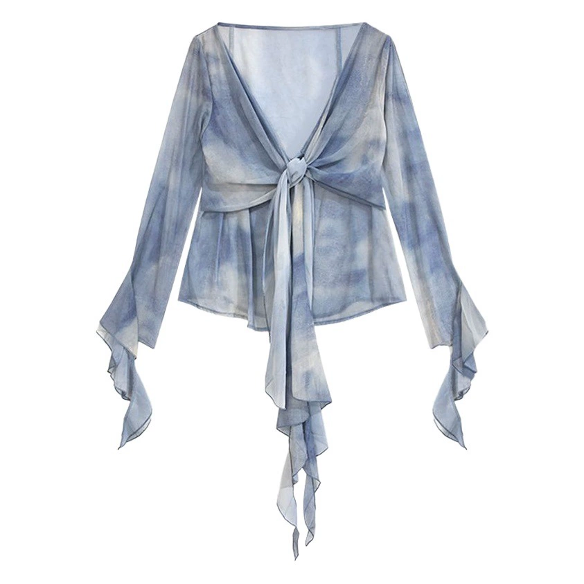 Синяя рубашка с длинными рукавами и рюшами, Женский Топ с французским V-образным вырезом, Высококачественная шикарная нишевая рубашка с принтом тай-дай, осень