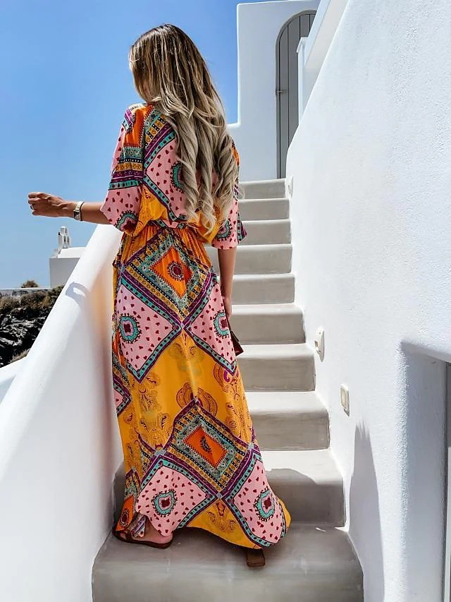Polyester Fabric Type Mid Waist Waist Line Wholesale Women'S Elegant Printing Color Block Holiday V Neck Short Sleeve Regular Dress