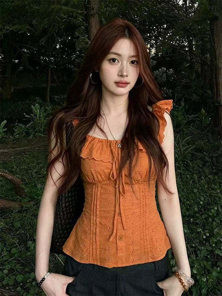 Orange summer fitted cute T-shirt, french style, high-quality style, 2026 years